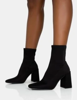 Delani Black Neoprene Zip Up Rounded Pointed Toe Block Heel Ankle Boots -LoafLuxe Shop 771A5892