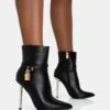 Jalan Black Pu Padlock Pointed Toe Gold Stiletto Heel Ankle Boots -LoafLuxe Shop 771A5898