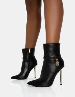 Jalan Black Pu Padlock Pointed Toe Gold Stiletto Heel Ankle Boots -LoafLuxe Shop 771A5900