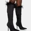 Baddie Black Satin Feather Pointed Court Stiletto Knee High Boots -LoafLuxe Shop 771A5933