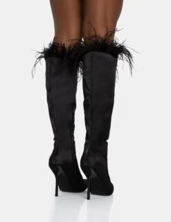 Baddie Black Satin Feather Pointed Court Stiletto Knee High Boots -LoafLuxe Shop 771A5934