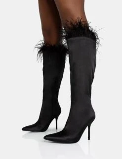 Baddie Black Satin Feather Pointed Court Stiletto Knee High Boots -LoafLuxe Shop 771A5935
