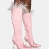 Baddie Baby Pink Satin Feather Pointed Toe Stiletto Knee High Boots -LoafLuxe Shop 771A5937