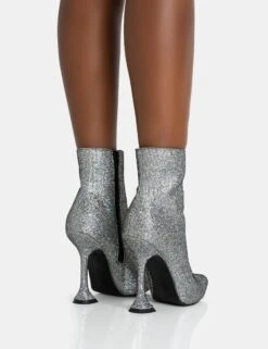 Arabella SIlver Glitter Pointed Toe Cake Stand Heeled Ankle Boots -LoafLuxe Shop 771A5946