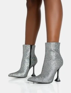 Arabella SIlver Glitter Pointed Toe Cake Stand Heeled Ankle Boots -LoafLuxe Shop 771A5947