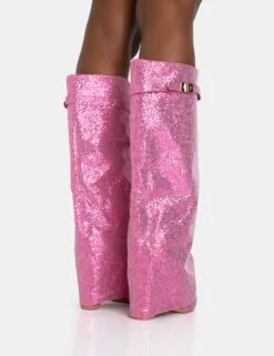Echo Hot Pink Glitter Twist Lock Detail Fold Over Pointed Toe Knee High Boots -LoafLuxe Shop 771A5992