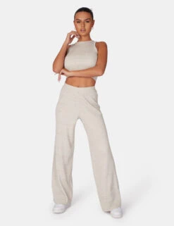 V Front Low Waisted Wide Leg Knitted Trousers Oatmeal -LoafLuxe Shop 771A6010