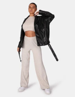 V Front Low Waisted Wide Leg Knitted Trousers Oatmeal -LoafLuxe Shop 771A6036