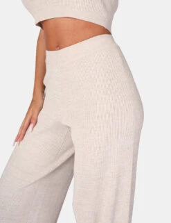 V Front Low Waisted Wide Leg Knitted Trousers Oatmeal -LoafLuxe Shop 771A6045
