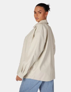 Vegan Leather Pocket Oversized Shacket Stone -LoafLuxe Shop 771A6102