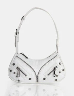 The Candice Zip Detailed White Croc Shoulder Bag