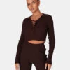 Lace Up Ribbed Crop Top Chocolate -LoafLuxe Shop 771A6204