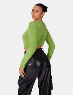 Long Sleeve Kaiia Trim Fluffy Knit Top Green -LoafLuxe Shop 771A6250