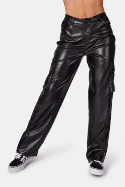 ASYMMETRIC WAISTBAND PU CARGO TROUSERS BLACK 8 ASYMMETRIC WAISTBAND PU CARGO TROUSERS BLACK -LoafLuxe Shop 771A6255