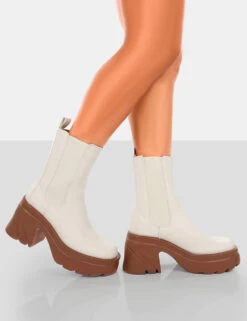 Step Up Ecru Brown PU Platform Chunky Sole Heeled Ankle Boots -LoafLuxe Shop 771A6358copy