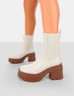 Step Up Ecru Brown PU Platform Chunky Sole Heeled Ankle Boots -LoafLuxe Shop 771A6361