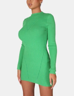Knitted High Neck Long Sleeve Contrast Stitch Mini Dress Green -LoafLuxe Shop 771A6368