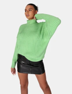 High Neck Constrast Stitch Ribbed Knitted Oversized Jumper Green -LoafLuxe Shop 771A6389