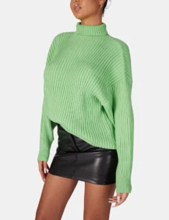 High Neck Constrast Stitch Ribbed Knitted Oversized Jumper Green -LoafLuxe Shop 771A6401