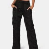 Split Hem Satin Elasticated Waist Wide Leg Cargo Trousers Black -LoafLuxe Shop 771A6574
