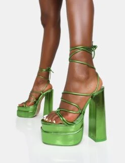 Glow Girl Green Mirror Lace Up Platform High Heels -LoafLuxe Shop 771A6672