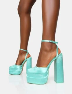 Moonchild Turquoise Satin Closed Toe Statement Platform Block Heels -LoafLuxe Shop 771A6698