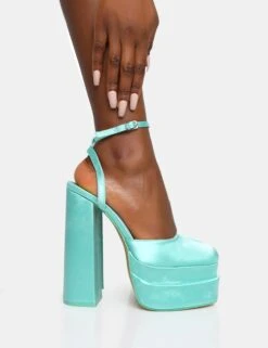 Moonchild Turquoise Satin Closed Toe Statement Platform Block Heels -LoafLuxe Shop 771A6702