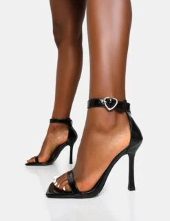 Elora Black Patent Barely There Diamante Heart Buckle Square Toe Stiletto Heels -LoafLuxe Shop 771A6705