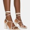 Noor Wide Fit Ecru Pu Lace Up Square Toe Mid Block Heels -LoafLuxe Shop 771A6768