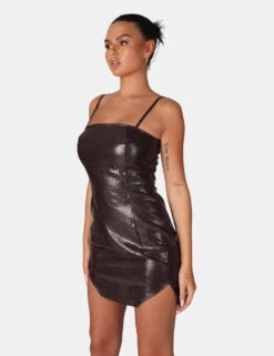 Square Neck Croc Hem Cut Out Mini Dress Chocolate -LoafLuxe Shop 771A6788
