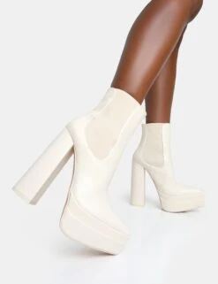 Cady Ecru Pu Platform Pointed Toe Block Heel Ankle Boots -LoafLuxe Shop 771A6799