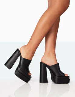 Skyhigh Black Grain PU Chunky Platform High Heeled Mules -LoafLuxe Shop 771A7013