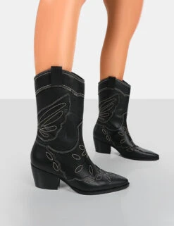 Howdy Black PU Pointed Toe Western Cowboy Block Ankle Boots