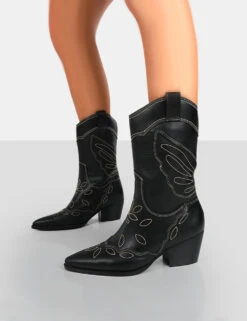 Howdy Black PU Pointed Toe Western Cowboy Block Ankle Boots -LoafLuxe Shop 771A7734