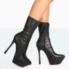 Vegas Black Grain Pointed Stiletto Platform Heeled Ankle Boots -LoafLuxe Shop 771A7848
