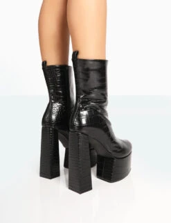 Parker Black Patent Croc Platform Rounded Pointed Toe Block Heeled Ankle Boots -LoafLuxe Shop 771A7857