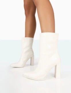 Bridget White PU Pointed Toe Block Heeled Ankle Boots -LoafLuxe Shop 771A7928
