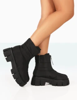 Puffy Black Nylon Zip Up Chunky Sole Snow Ankle Boots 8 Puffy Black Nylon Zip Up Chunky Sole Snow Ankle Boots -LoafLuxe Shop 771A7938