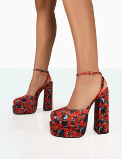 Moonchild Floral Satin Closed Toe Statement Platform Block Heels -LoafLuxe Shop 771A7950
