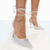 Galaxy Silver Sparkly Diamante Pointed Court Stiletto Toe Lace Up Wrap Around Heels -LoafLuxe Shop 771A8097