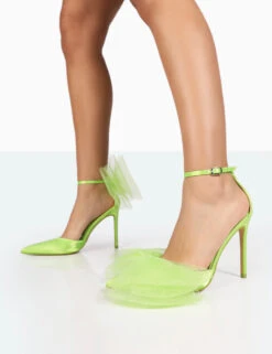 Bell Lime Satin Statement Bow Pointed Court Stiletto Heels -LoafLuxe Shop 771A8147