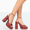 Lyle Red Floral Satin Square Toe Block Platform High Heels -LoafLuxe Shop 771A8157