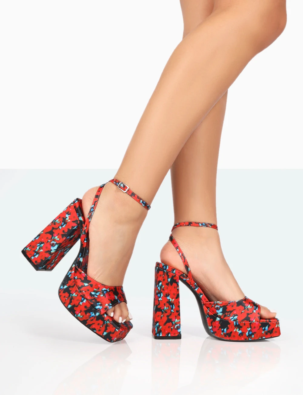 Lyle Red Floral Satin Square Toe Block Platform High Heels 3 Lyle Red Floral Satin Square Toe Block Platform High Heels