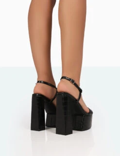 Jesse Black Croc Platform Block High Heels -LoafLuxe Shop 771A8228