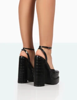 Moonchild Black Croc Closed Toe Statement Platform Block Heels -LoafLuxe Shop 771A8277
