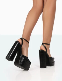 Moonchild Black Croc Closed Toe Statement Platform Block Heels -LoafLuxe Shop 771A8278