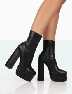 Supine Black Patent Croc Chunky Heeled Platform Ankle Boots
