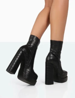 Supine Black Patent Croc Chunky Heeled Platform Ankle Boots -LoafLuxe Shop 771A8286