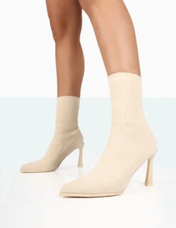 Farah Ecru Knitted Pointed Toe Stiletto Heel Ankle Sock Boots -LoafLuxe Shop 771A8299