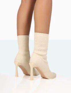 Farah Ecru Knitted Pointed Toe Stiletto Heel Ankle Sock Boots -LoafLuxe Shop 771A8301